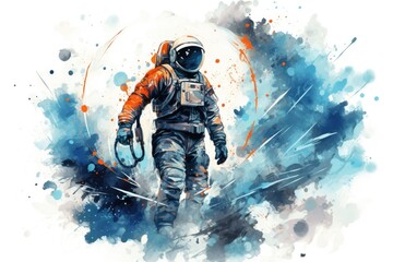 watercolor astronaut in outer space on a white background. Generative AI - obrazy, fototapety, plakaty