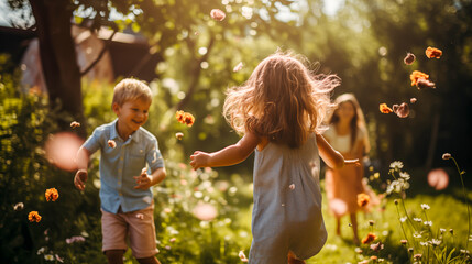 Cute little boy and girl playing with dandelions in the garden