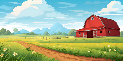 landscape with a house in the field,A red barn in a field, red barn dirt road and farm with red barn wildflowers spring landscape,