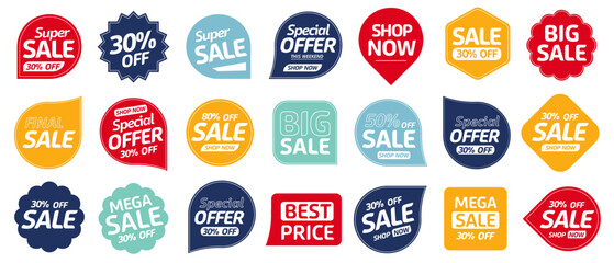 Set of Sale badges. Sale quality tags and labels. Template banner shopping badges. Special offer, sale, discount, shop, black friday. Vector illustration