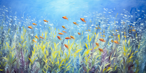 Rough colorful painting texture with oil brushstroke of an underwater scenery. Background illustration.