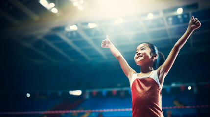 Asian gymnast girl with raised arms under spotlight in gym, joyful. - obrazy, fototapety, plakaty