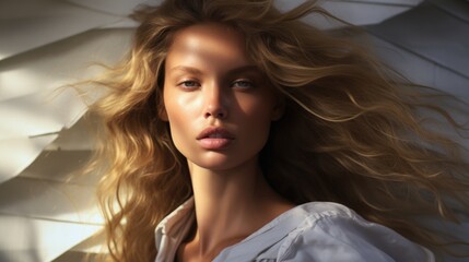 Naklejka premium Photo of a beautiful woman surrounded by a light flowing fabric that flutters in the wind, close-up