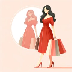 A vibrant woman in a crimson dress joyfully carries her latest sale finds, as the season's trendiest clothing and footwear are illustrated in a whimsical cartoon fashion