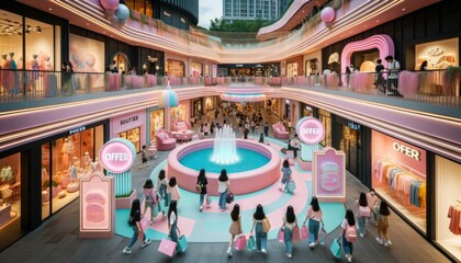 Obraz premium Amidst the hustle and bustle of the indoor mall, a sea of people roam the gleaming floors, their arms laden with shopping bags brimming with discounted treasures, the excitement of the sale season