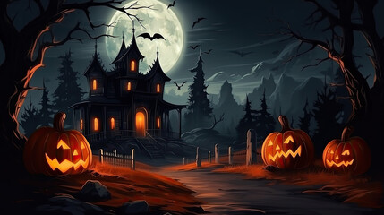 Fototapeta na wymiar Halloween background with glowing pumpkins and haunted House