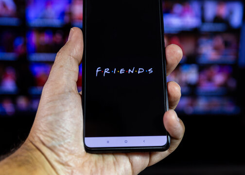 Watching Friends tv show on HBO Max via Smartphone. An American comedy television sitcom, created by David Crane and Marta Kauffman. Airing on HBO max