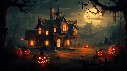 Fototapeta na wymiar Halloween background with glowing pumpkins and haunted House