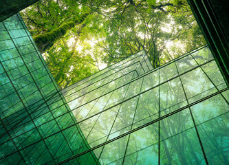 Eco-friendly building in the modern city. Sustainable glass office building with tree for reducing heat and carbon dioxide. Office building with green environment. Corporate building reduce CO2. - Powered by Adobe