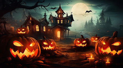 Halloween background with glowing pumpkins and haunted House