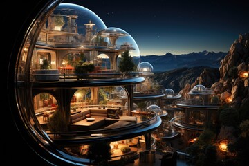 human settlement in alien world with green plants. Glass dome habitat. Generative AI - obrazy, fototapety, plakaty