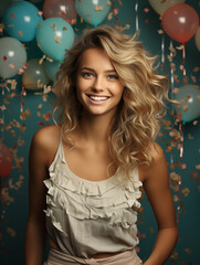 H&uuml;bsche Frau lacht mit offenen Mund und feiert Party mit bunten Hintergrund, ai generativ