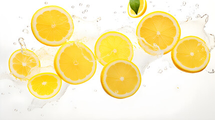 Falling lemon slices on white background
