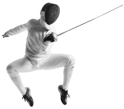 Dynamic portrait of athlete in fencing costume with sword in hand jumps in action isolated on transparent background - Powered by Adobe