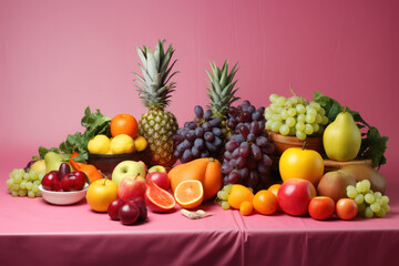 Inviting studio scene with fresh fruit set on pastel studio wall background, offering a clean and pleasing backdrop for the fruit and copy space for text integration. Generative AI
