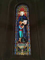 A stained-glass window depicting St. Joseph Calasanz in the Basilica of Montserrat, Catalonia, Spain