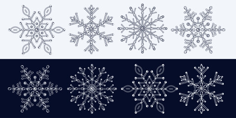 Set of fancy snowflakes made of jewelry chains. Monochrome black and white illustration for winter sales, Christmas, new year holiday, gift decoration.
