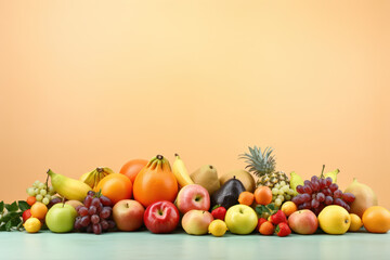 Naklejka na ściany i meble Inviting studio scene with fresh fruit set on pastel studio wall background, offering a clean and pleasing backdrop for the fruit and copy space for text integration. Generative AI