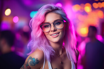 Portrait of young woman with pink hair, tattoo on the body, wearing glasses. Futuristic cyberpunk neon background. Generative AI