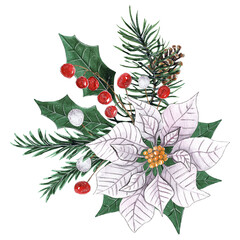 Watercolor White Poinsettia Bouquet Arrangement Suitable for Christmas and Winter Designs.