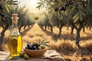 Fototapeten golden olive oil bottles with olives leaves and fruits setup in the middle of rural olive field with morning sunshine as wide banner with copyspace area © HalilKorkmazer