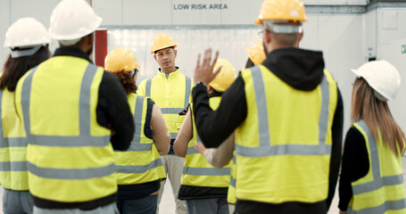Construction site, meeting and people in discussion for planning, maintenance and renovation in...