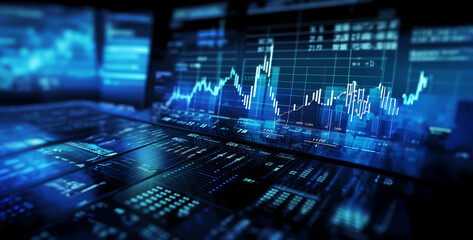 binary code data, technology, financial and forex indicators and graphics in blue color