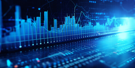 binary code data, technology, financial and forex indicators and graphics in blue color