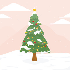 Illustration of a vintage Christmas tree with Christmas ornaments