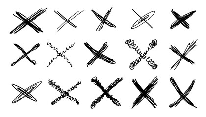 Grunge crosses, X marks, emphasis hand-drawn elements. Sketchy brush stroke, rejected sign marker accentuation striking out shapes. Isolated. Vector illustration - obrazy, fototapety, plakaty