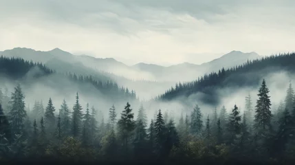 Gordijnen Misty landscape with fir forest in vintage retro © Ashley