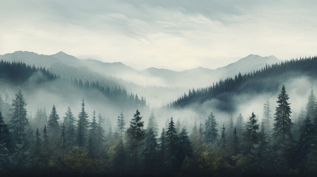 Misty landscape with fir forest in vintage retro