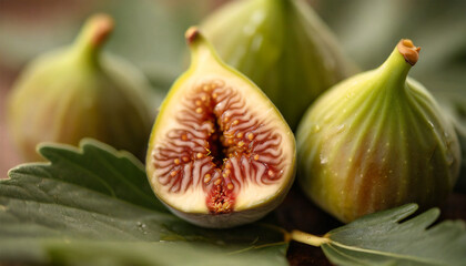 Fresh green figs, both sliced and whole, with leaves creating a background. A closeup view