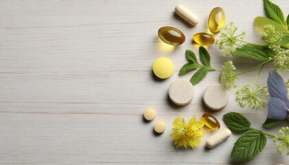 Various pills, herbal remedies, and blossoms laid out on a white wooden surface, top view with room for text. Nutritional supplements