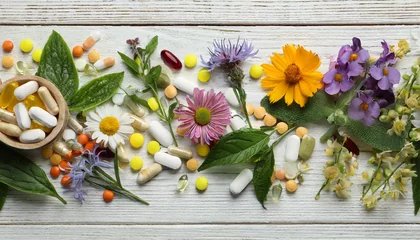 Poster Various pills, herbal remedies, and blossoms laid out on a white wooden surface, top view with room for text. Nutritional supplements © Tatiana
