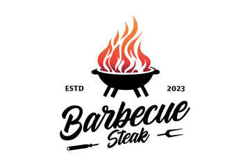 Barbecue Grill Meat Logo design .A black and white logo depicting a grill and a flame; perfect for a restaurant, barbeque business, grill accessories company - obrazy, fototapety, plakaty