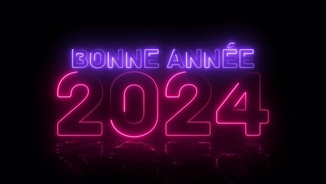 Bonne annee 2024. Happy New Year 2024 greeting. Bright pink and purple neon glowing numbers. Text in French with floor reflection. Cosmic vibrant colours. Moving lines. Black background.