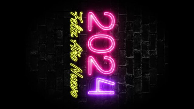 Feliz ano nuevo 2024. Happy New Year 2024. Spanish greeting. Neon letters on brick wall background. Colourful and bright blinking lights. Vertical orientation.