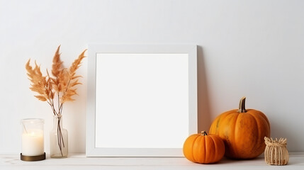 Mock up black frame with fall candles and pumpkin