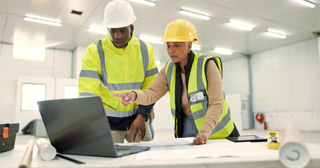 Engineering people, teamwork and laptop for construction site planning, floor plan and building...