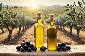 Close-up olive oil bottles and olives in sunlight