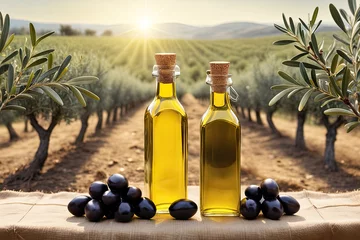 Fototapeten Close-up olive oil bottles and olives in sunlight © HalilKorkmazer