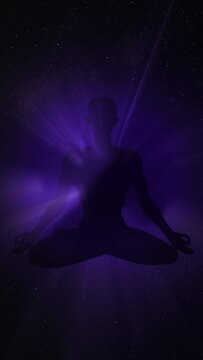 Human figure in lotus yoga pose on space background in meditation concept. Animation video. Vertical video 4k