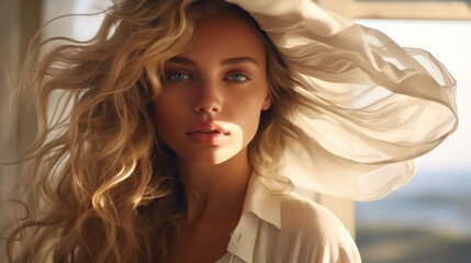 Naklejka premium Photo of a beautiful woman surrounded by a light flowing fabric that flutters in the wind, close-up