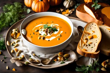 A beautifully plated image of a warm, hearty bowl of butternut squash soup, garnished with a drizzle of cream, fresh herbs, and toasted pumpkin seeds, with a side of crusty bread