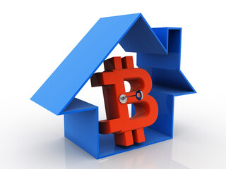 3d illustration bitcoin sign currency with home

