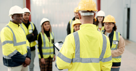 Construction, teamwork and people in meeting for planning, brainstorming and discussion in...