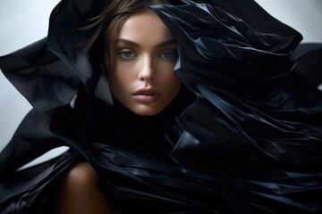 Beautiful supermodel in an abstract, designer black dress, close-up