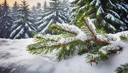 Snow-covered fir tree branch