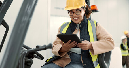 Construction site, tablet and woman in forklift machine for maintenance, planning and building...